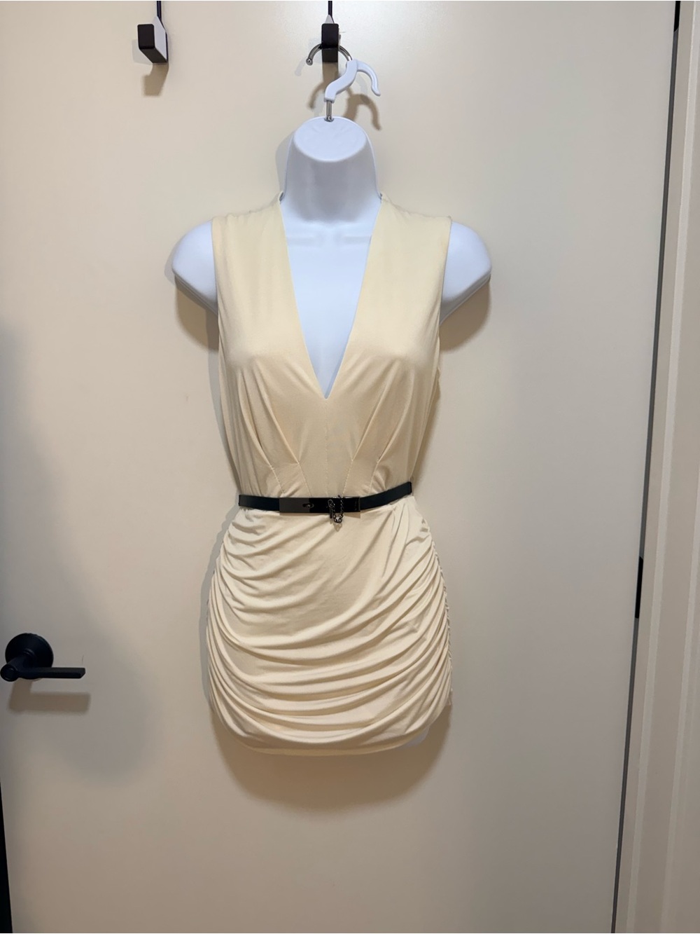 bebe Cream Deep V-Neck Ruched Mini Dress with Black Belt